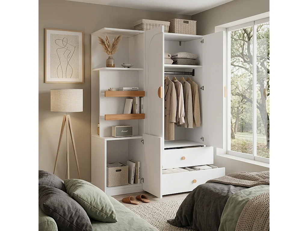 Kleiderschrank mit 3 Türen, Kleiderstange, 2 Schubladen und offenen Regalfächern – MDF – 125 x 50 x 180 cm – Weiß und Natur