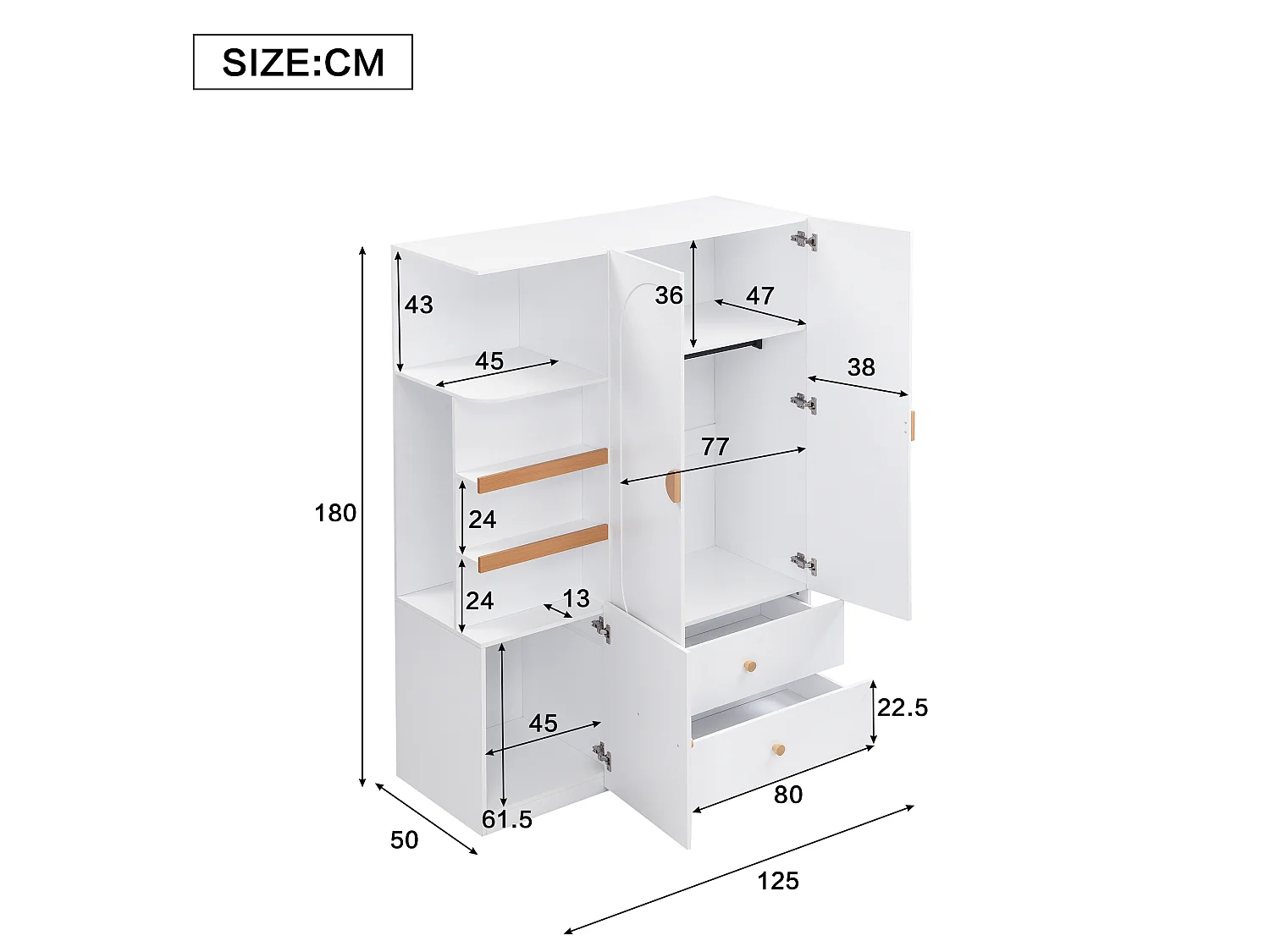 Kleiderschrank mit 3 Türen, Kleiderstange, 2 Schubladen und offenen Regalfächern – MDF – 125 x 50 x 180 cm – Weiß und Natur
