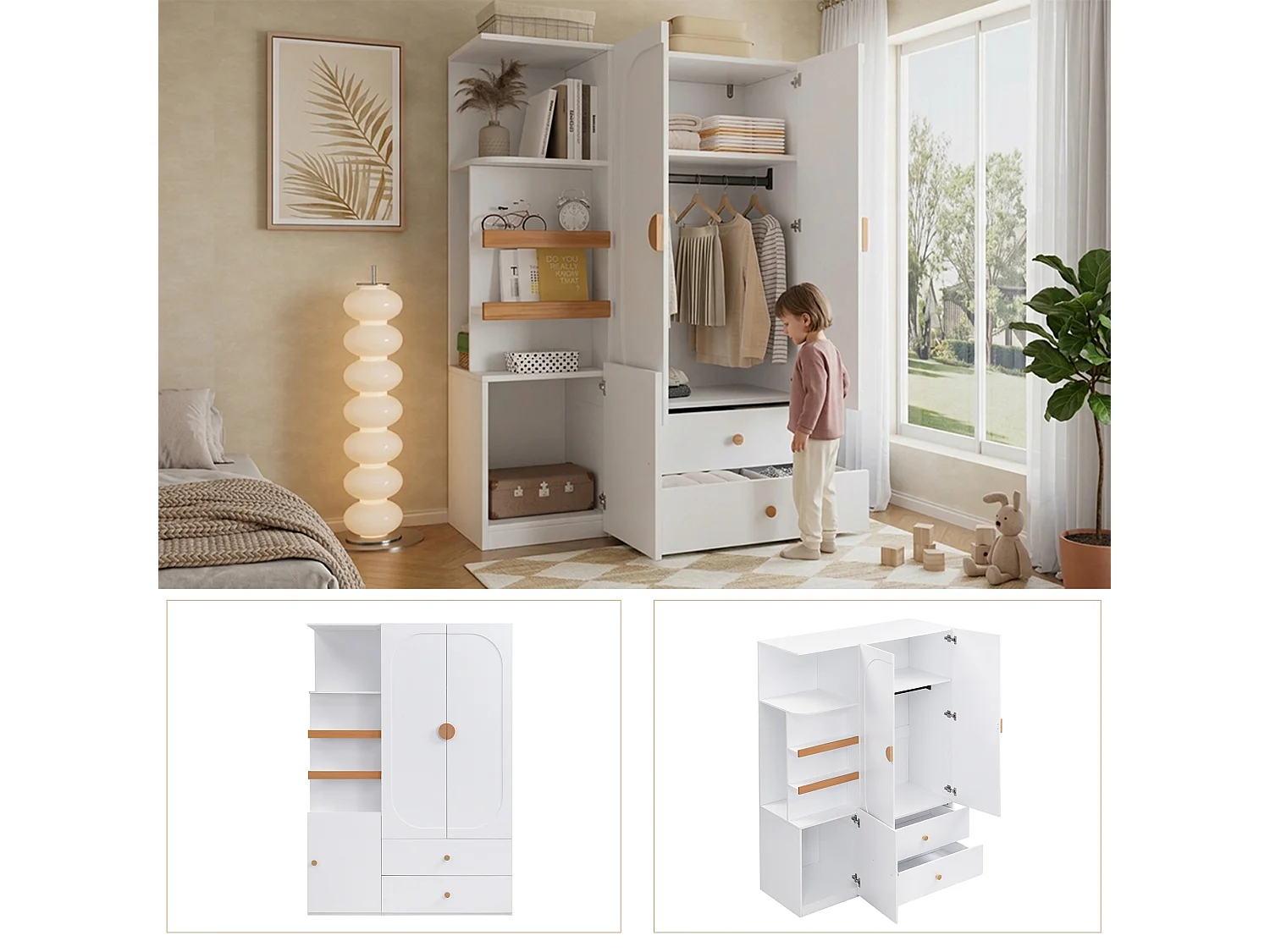 Kleiderschrank mit 3 Türen, Kleiderstange, 2 Schubladen und offenen Regalfächern – MDF – 125 x 50 x 180 cm – Weiß und Natur