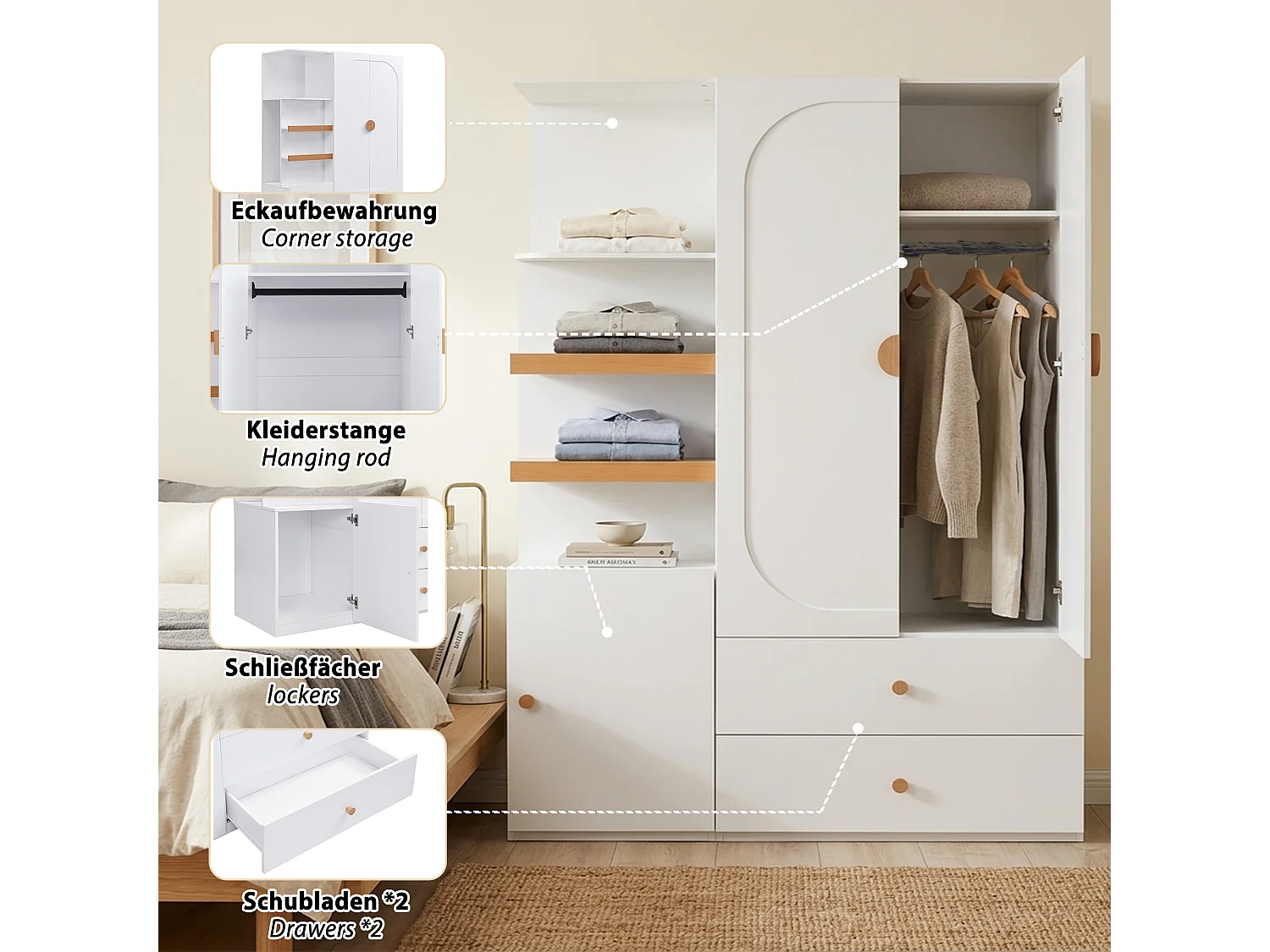 Kleiderschrank mit 3 Türen, Kleiderstange, 2 Schubladen und offenen Regalfächern – MDF – 125 x 50 x 180 cm – Weiß und Natur