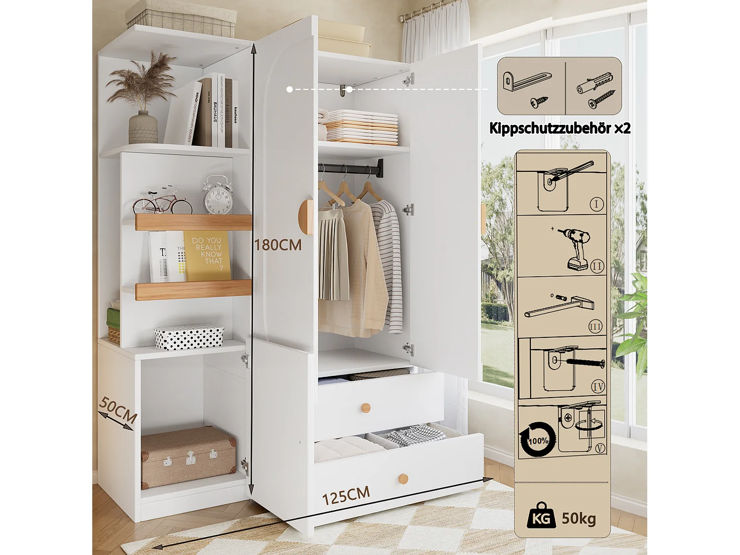 Kleiderschrank mit 3 Türen, Kleiderstange, 2 Schubladen und offenen Regalfächern – MDF – 125 x 50 x 180 cm – Weiß und Natur