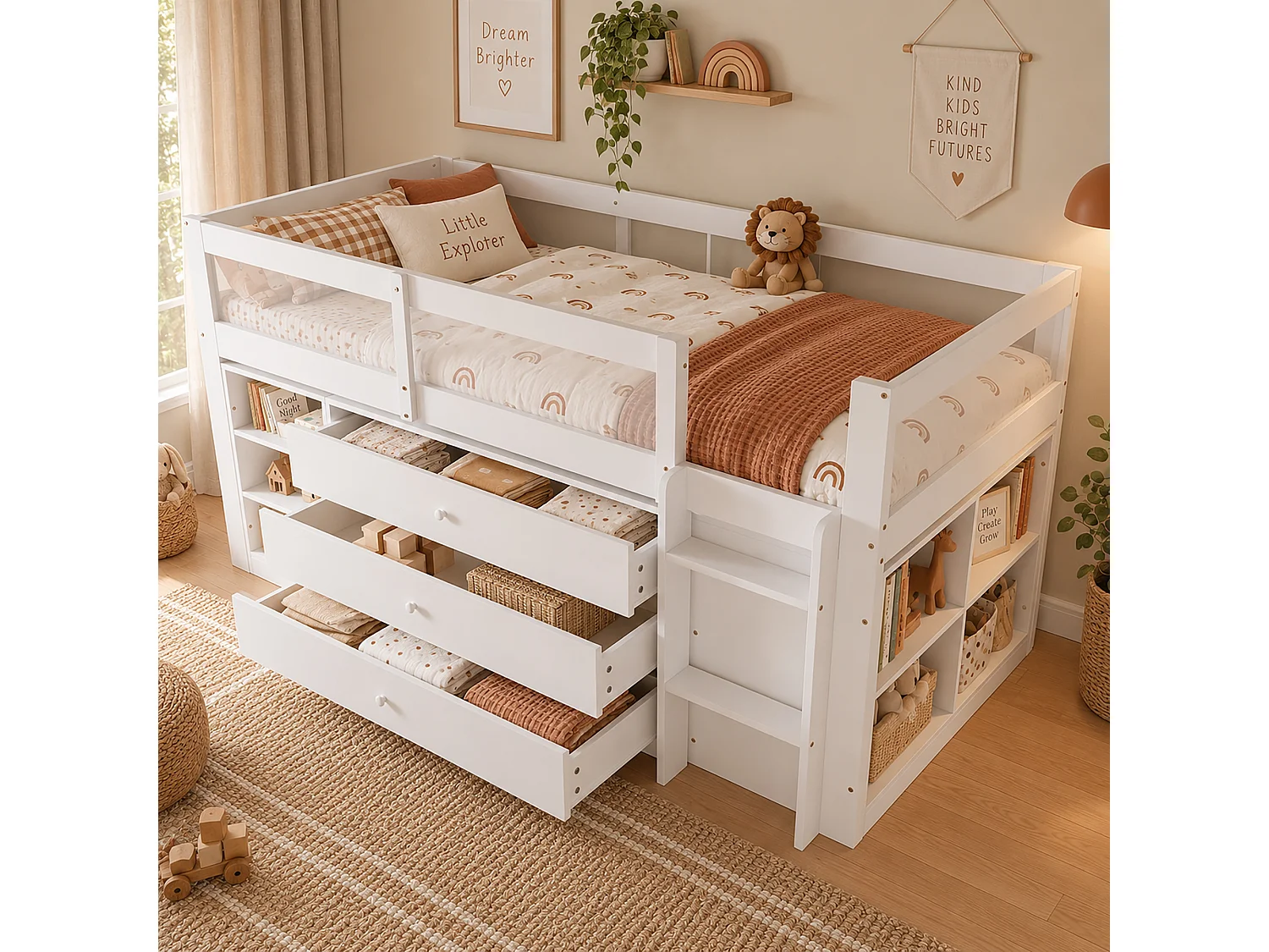 Cama infantil de altura média, 90 x 200 cm, com grade de proteção em acrílico, 3 gavetas e prateleira - Pinheiro, MDF e acrílico - Branca (colchão não incluído)