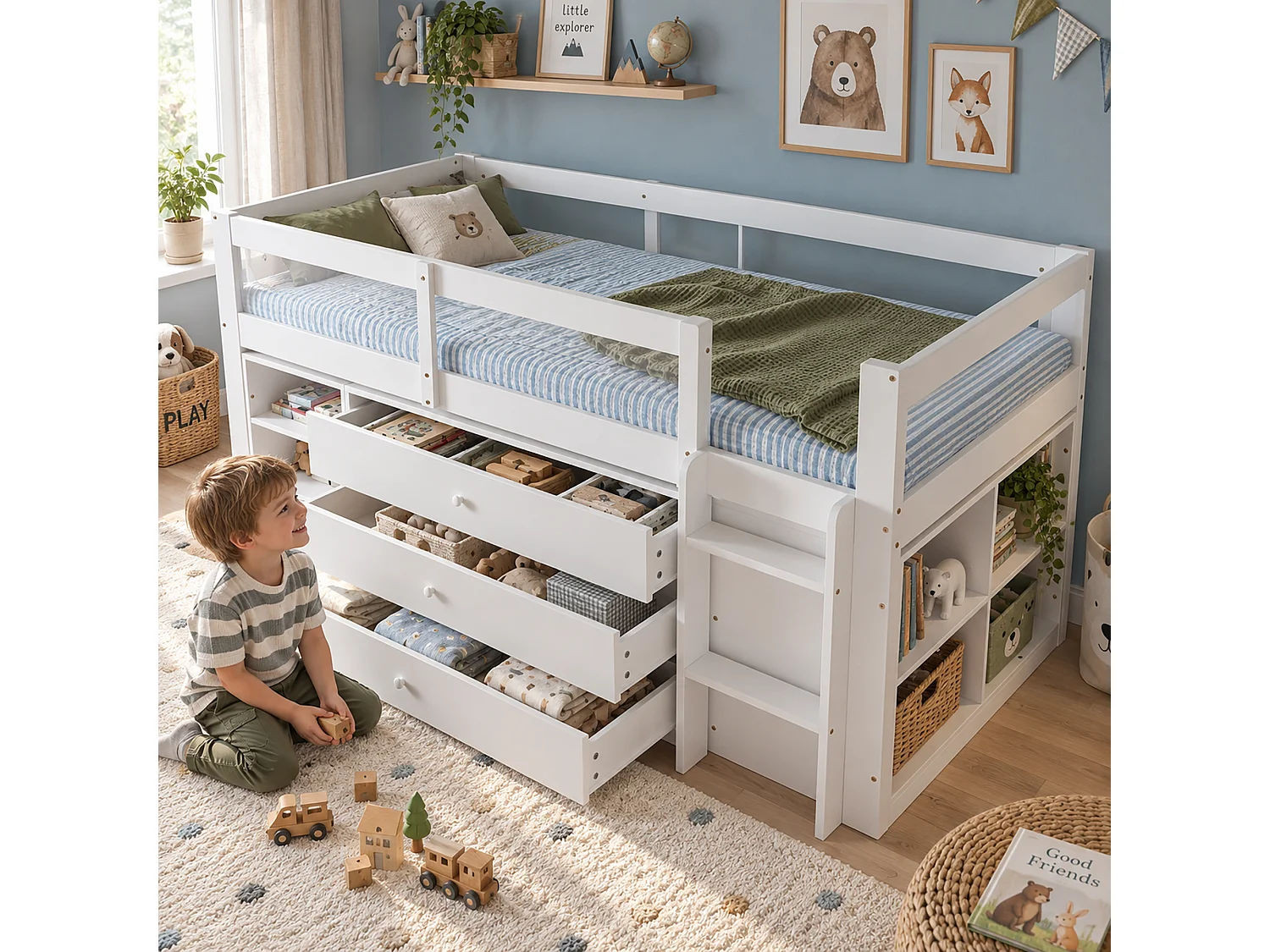 Cama infantil de altura média, 90 x 200 cm, com grade de proteção em acrílico, 3 gavetas e prateleira - Pinheiro, MDF e acrílico - Branca (colchão não incluído)