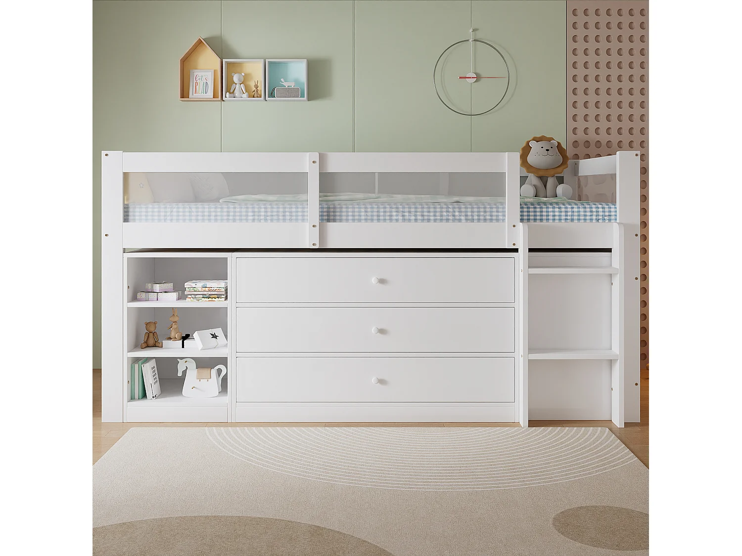 Cama infantil de altura média, 90 x 200 cm, com grade de proteção em acrílico, 3 gavetas e prateleira - Pinheiro, MDF e acrílico - Branca (colchão não incluído)