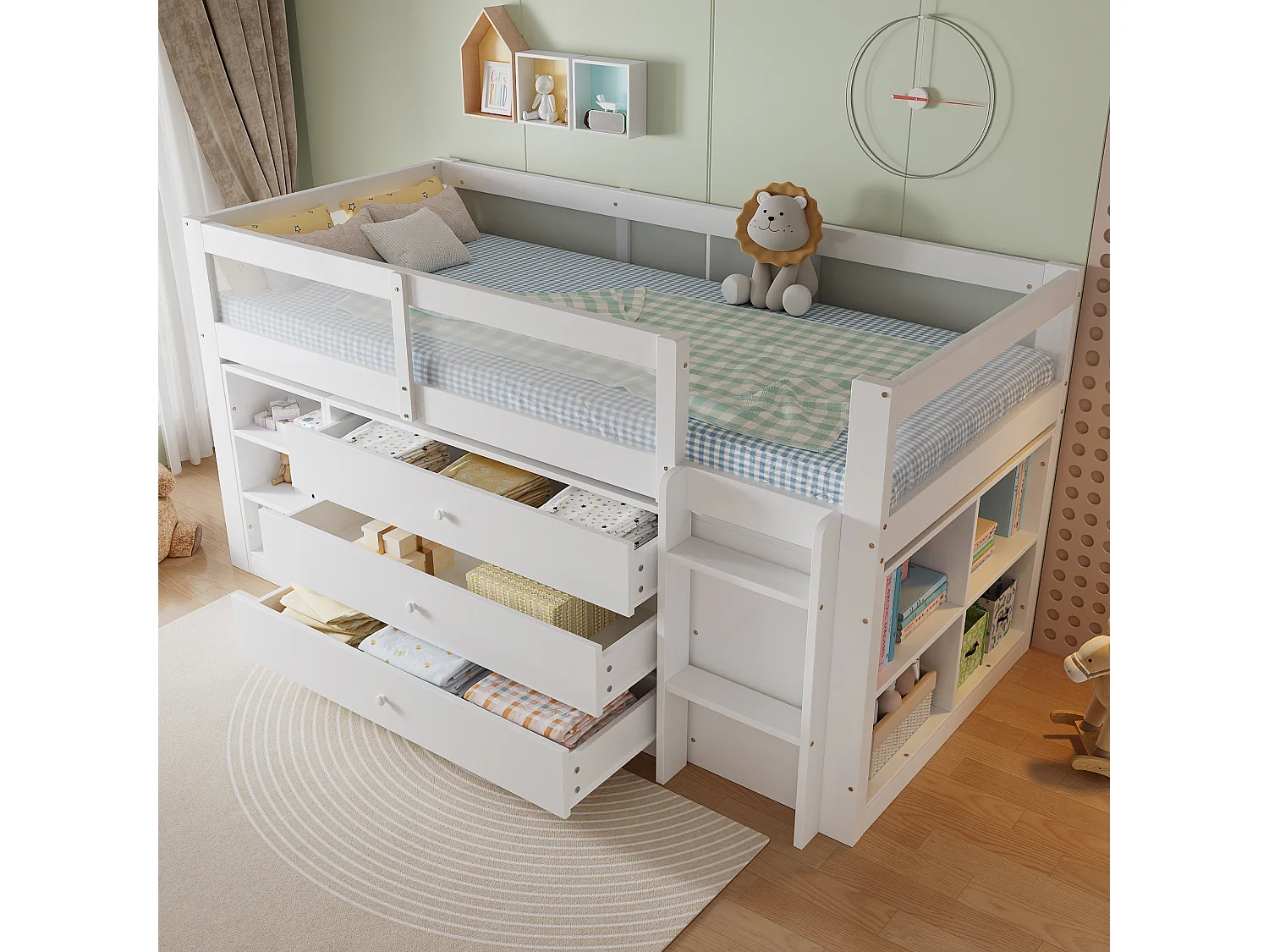Cama infantil de altura média, 90 x 200 cm, com grade de proteção em acrílico, 3 gavetas e prateleira - Pinheiro, MDF e acrílico - Branca (colchão não incluído)