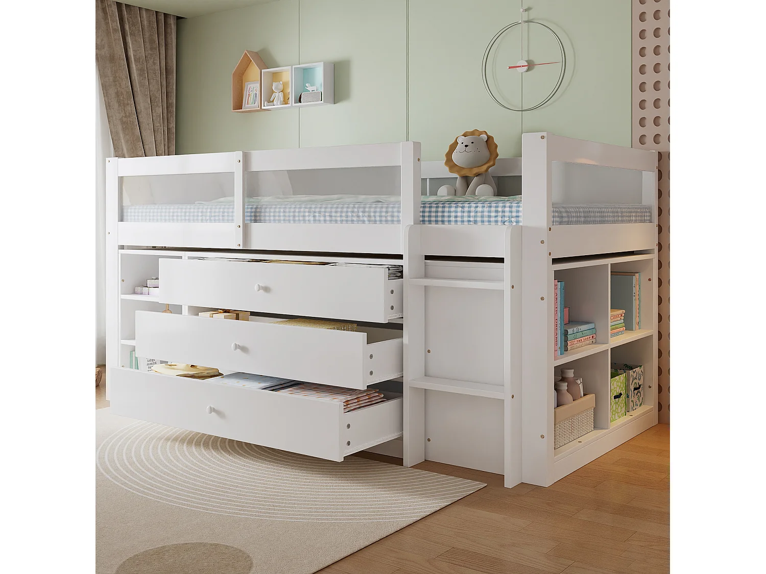 Cama infantil de altura média, 90 x 200 cm, com grade de proteção em acrílico, 3 gavetas e prateleira - Pinheiro, MDF e acrílico - Branca (colchão não incluído)