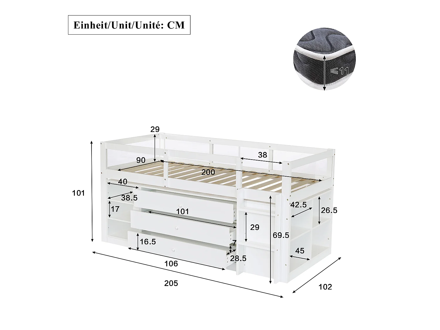 Cama infantil de altura média, 90 x 200 cm, com grade de proteção em acrílico, 3 gavetas e prateleira - Pinheiro, MDF e acrílico - Branca (colchão não incluído)