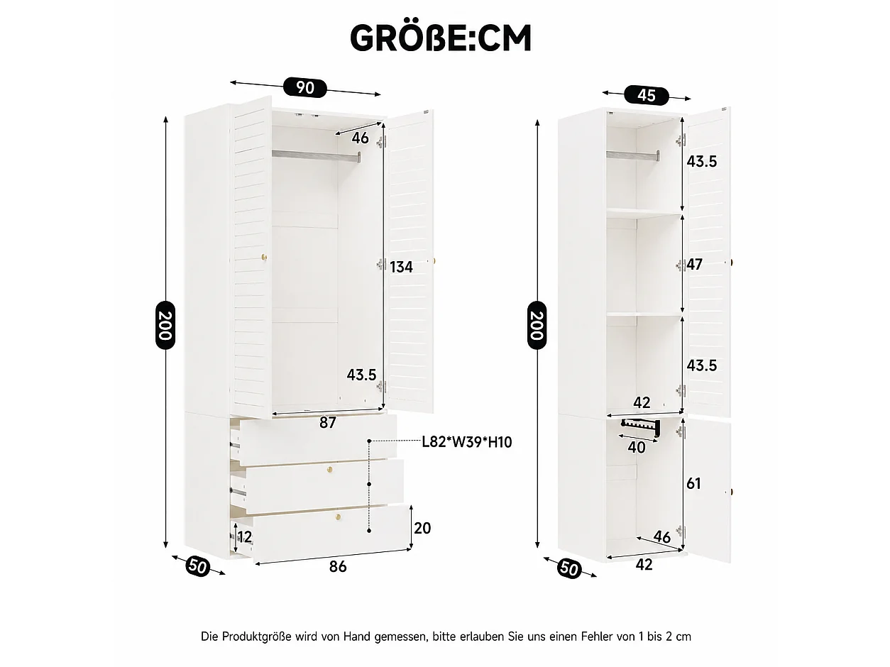 Armoire 4 portes, 2 penderies, porte-pantalons et 3 tiroirs - Panneaux de particules - 135 x 50 x 200 cm - Blanc