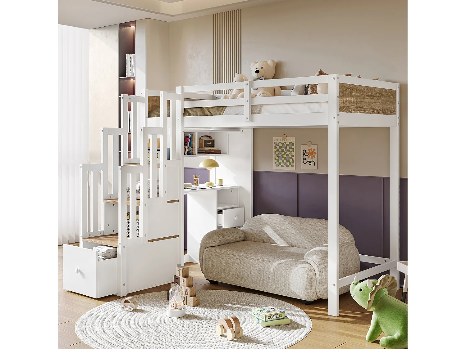 Letto a soppalco 90 x 200 cm con scrivania, scaletta e contenitore - Pino + MDF - Bianco e naturale (materasso non incluso)