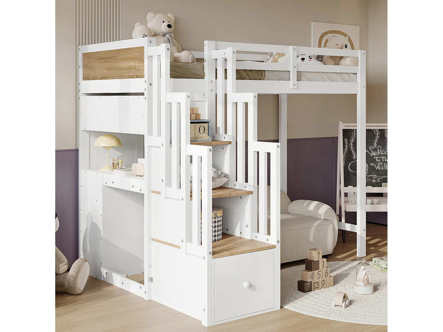 Letto a soppalco 90 x 200 cm con scrivania, scaletta e contenitore - Pino + MDF - Bianco e naturale (materasso non incluso)
