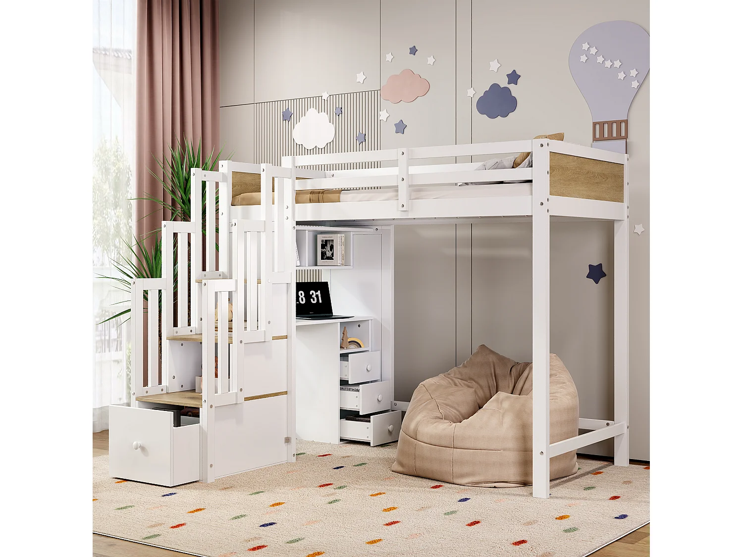 Letto a soppalco 90 x 200 cm con scrivania, scaletta e contenitore - Pino + MDF - Bianco e naturale (materasso non incluso)