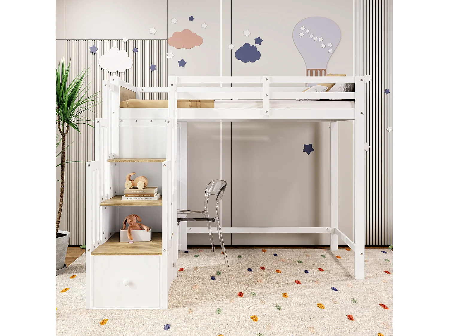 Letto a soppalco 90 x 200 cm con scrivania, scaletta e contenitore - Pino + MDF - Bianco e naturale (materasso non incluso)