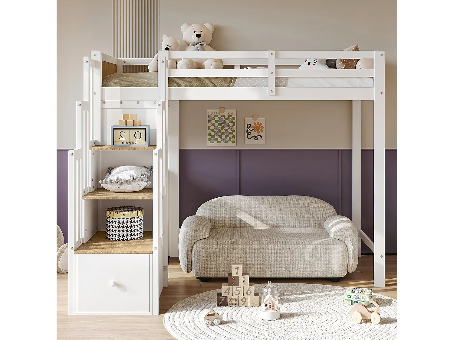 Letto a soppalco 90 x 200 cm con scrivania, scaletta e contenitore - Pino + MDF - Bianco e naturale (materasso non incluso)