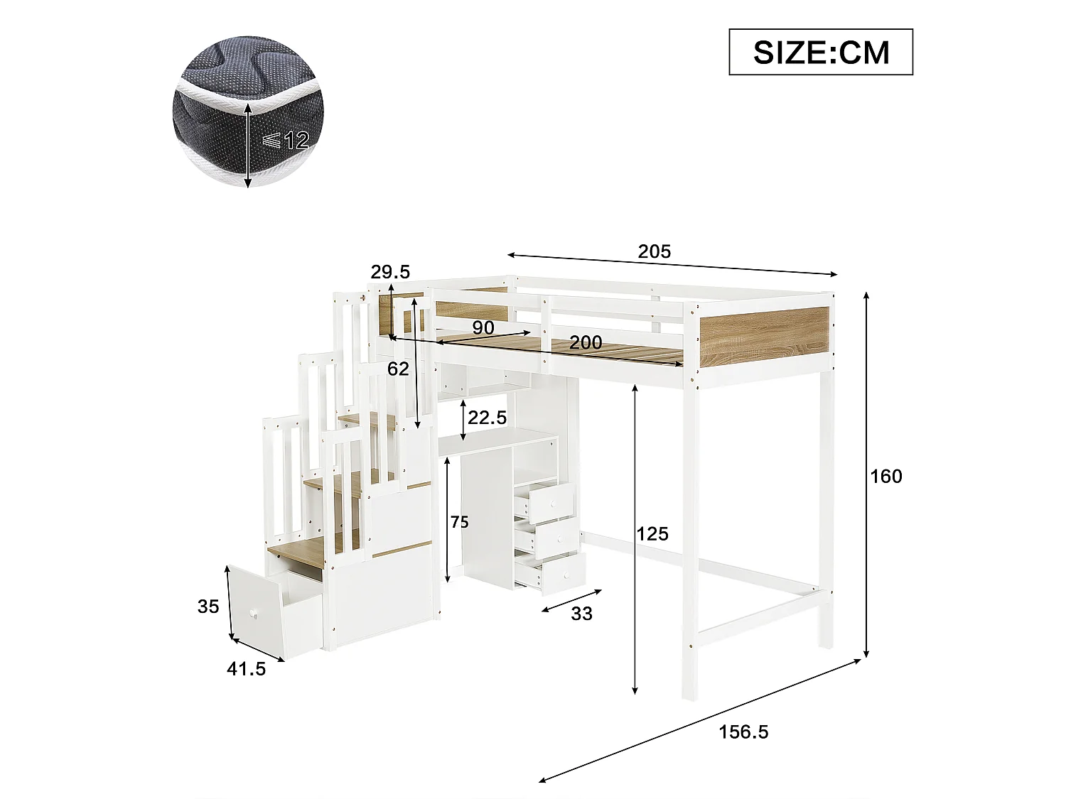 Letto a soppalco 90 x 200 cm con scrivania, scaletta e contenitore - Pino + MDF - Bianco e naturale (materasso non incluso)