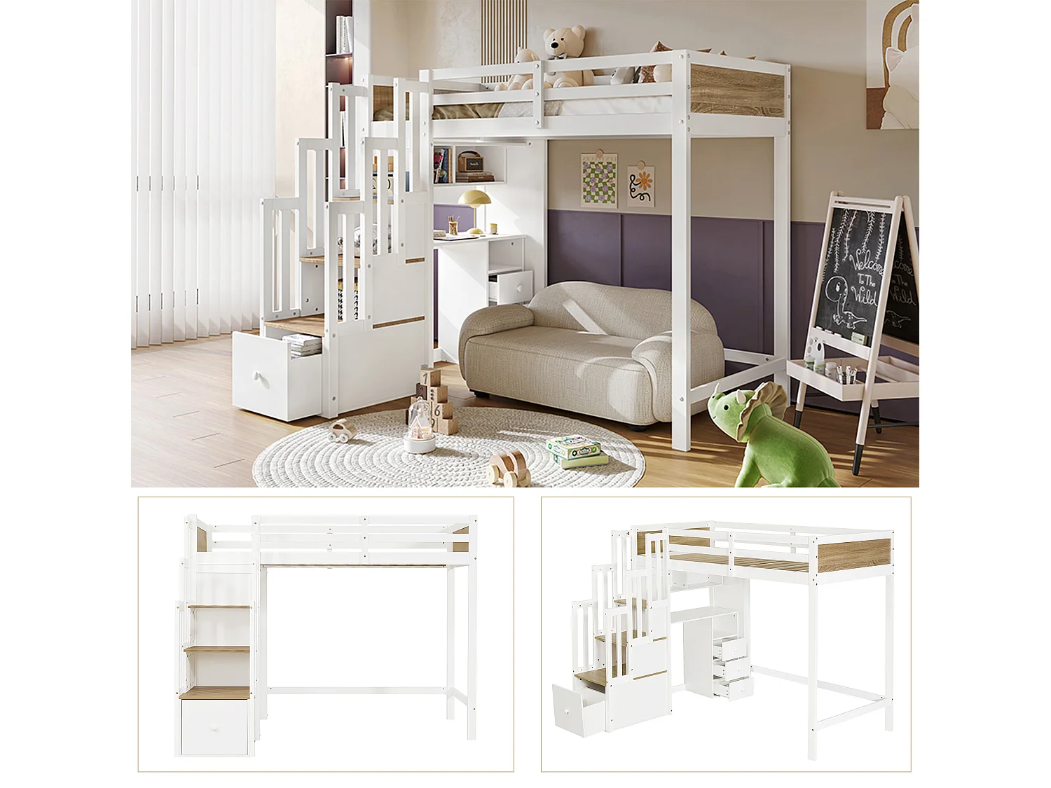 Letto a soppalco 90 x 200 cm con scrivania, scaletta e contenitore - Pino + MDF - Bianco e naturale (materasso non incluso)