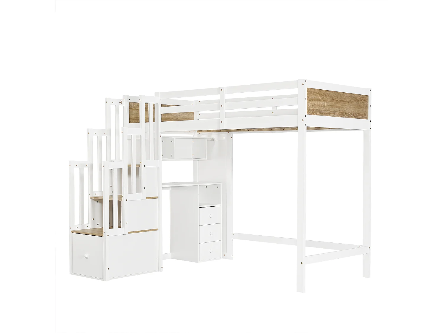 Letto a soppalco 90 x 200 cm con scrivania, scaletta e contenitore - Pino + MDF - Bianco e naturale (materasso non incluso)