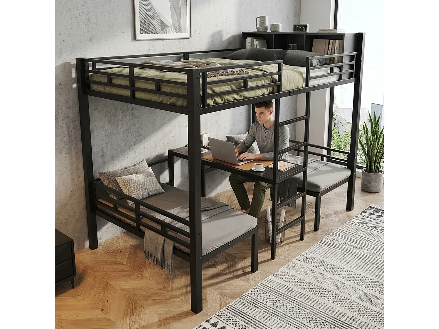 Cama alta de 120 x 200 cm com 2 áreas de dormir de 60 x 120 cm, prateleira e escada - Metal - Preto (colchão não incluído)
