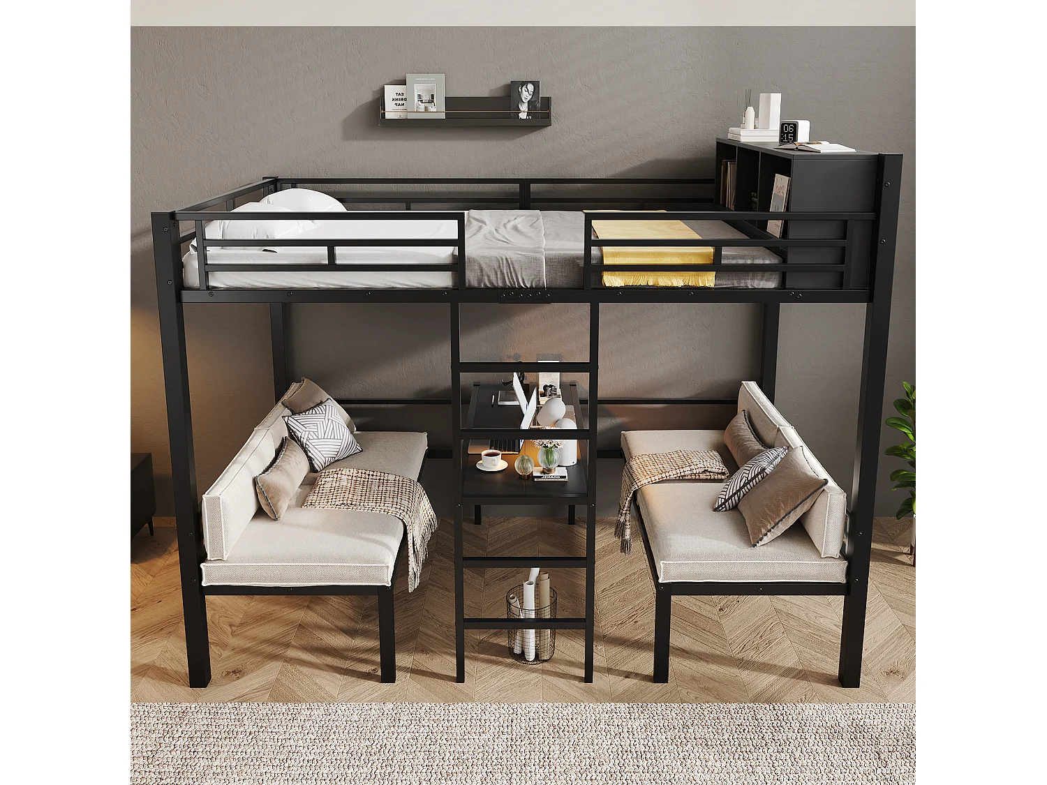 Cama alta de 120 x 200 cm com 2 áreas de dormir de 60 x 120 cm, prateleira e escada - Metal - Preto (colchão não incluído)