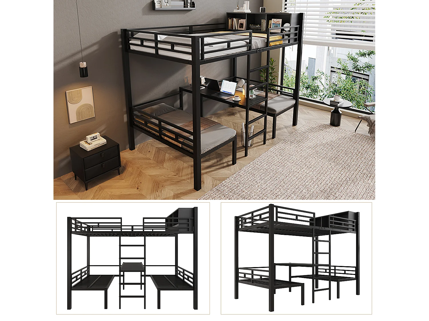 Cama alta de 120 x 200 cm com 2 áreas de dormir de 60 x 120 cm, prateleira e escada - Metal - Preto (colchão não incluído)