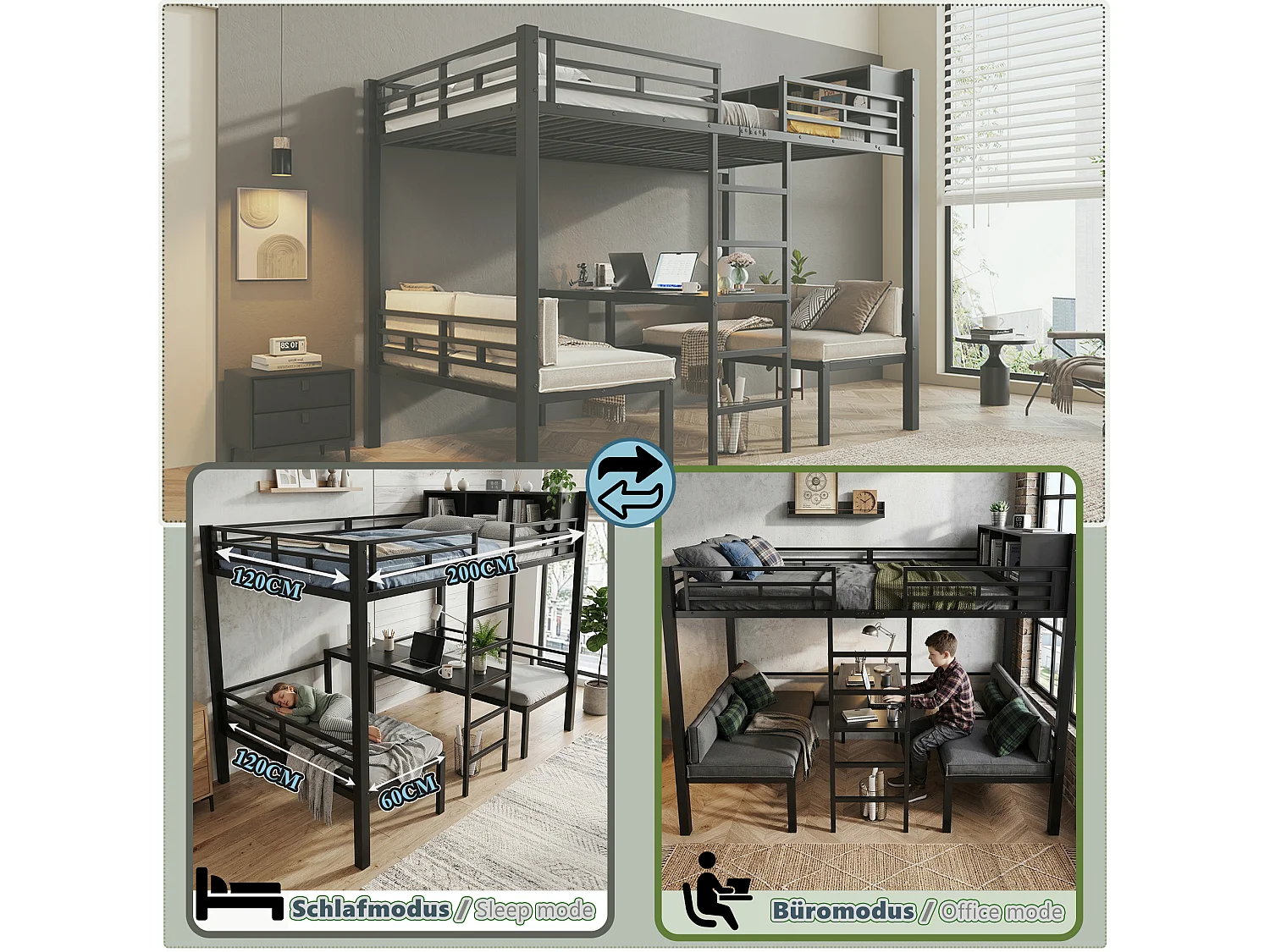 Cama alta de 120 x 200 cm com 2 áreas de dormir de 60 x 120 cm, prateleira e escada - Metal - Preto (colchão não incluído)