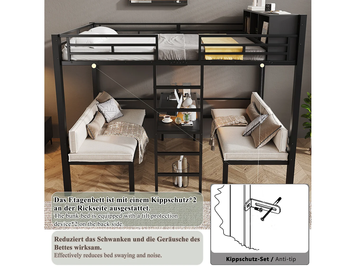 Cama alta de 120 x 200 cm com 2 áreas de dormir de 60 x 120 cm, prateleira e escada - Metal - Preto (colchão não incluído)