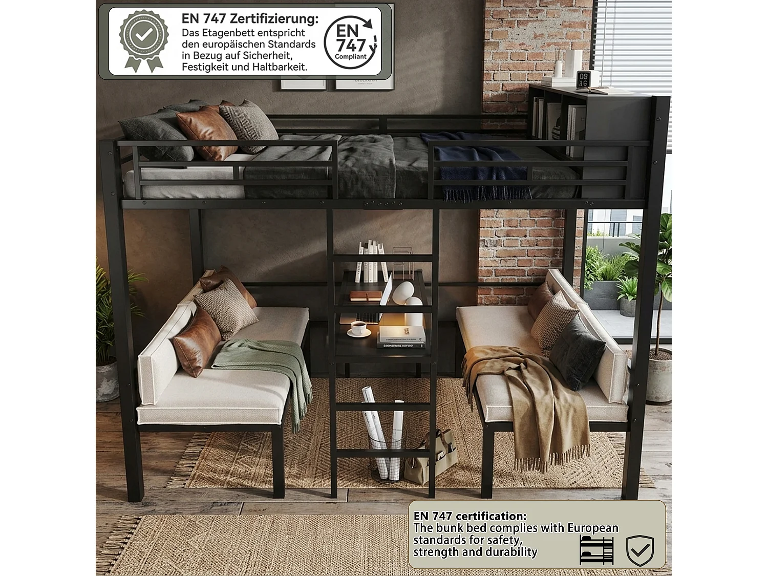 Cama alta de 120 x 200 cm com 2 áreas de dormir de 60 x 120 cm, prateleira e escada - Metal - Preto (colchão não incluído)