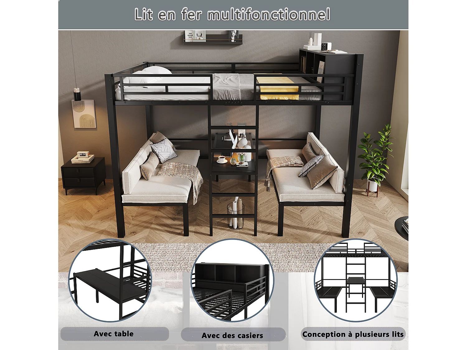 Cama alta de 120 x 200 cm com 2 áreas de dormir de 60 x 120 cm, prateleira e escada - Metal - Preto (colchão não incluído)