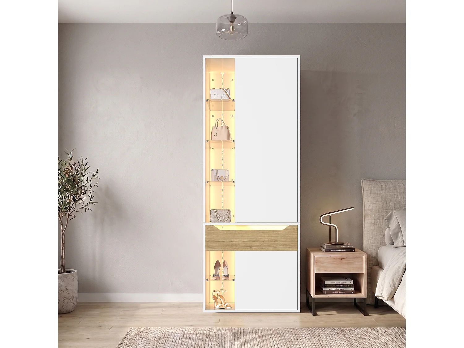 Kleiderschrank mit 2 Türen, LED-Beleuchtung, 1 Kleiderstange, 1 Schublade und 6 offenen Regalfächern – MDF – 75 x 50 x 200 cm – weiß