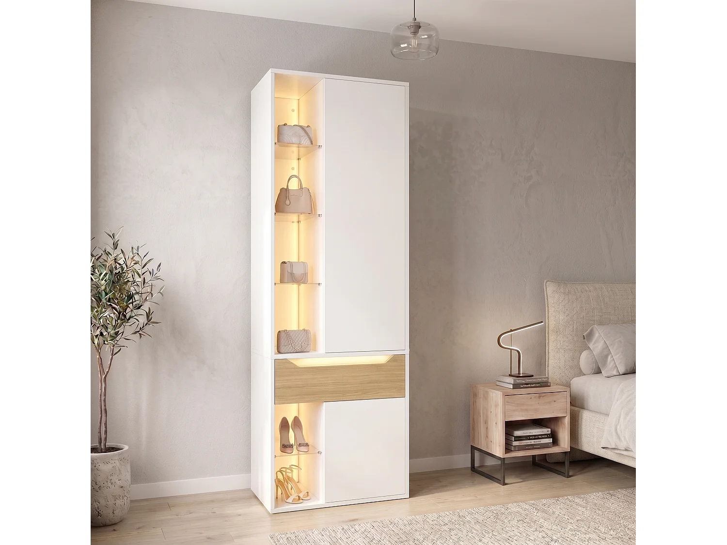 Kleiderschrank mit 2 Türen, LED-Beleuchtung, 1 Kleiderstange, 1 Schublade und 6 offenen Regalfächern – MDF – 75 x 50 x 200 cm – weiß