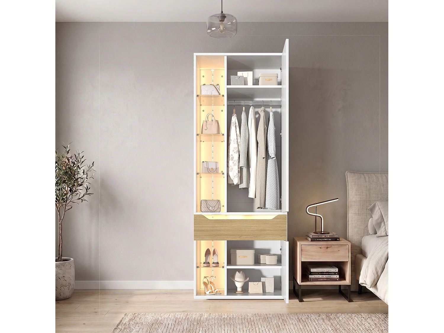 Kleiderschrank mit 2 Türen, LED-Beleuchtung, 1 Kleiderstange, 1 Schublade und 6 offenen Regalfächern – MDF – 75 x 50 x 200 cm – weiß