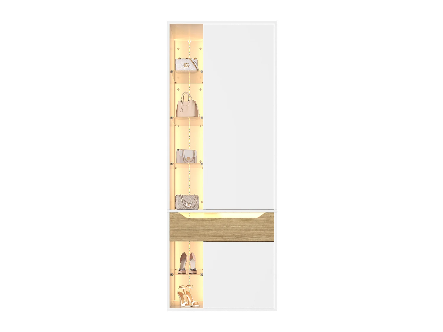 Kleiderschrank mit 2 Türen, LED-Beleuchtung, 1 Kleiderstange, 1 Schublade und 6 offenen Regalfächern – MDF – 75 x 50 x 200 cm – weiß