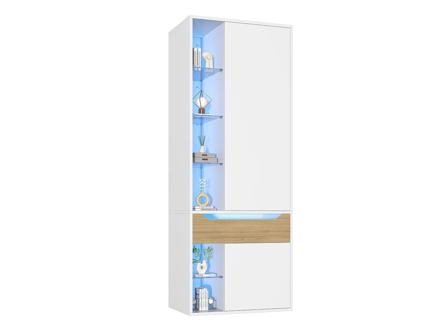 Kleiderschrank mit 2 Türen, LED-Beleuchtung, 1 Kleiderstange, 1 Schublade und 6 offenen Regalfächern – MDF – 75 x 50 x 200 cm – weiß