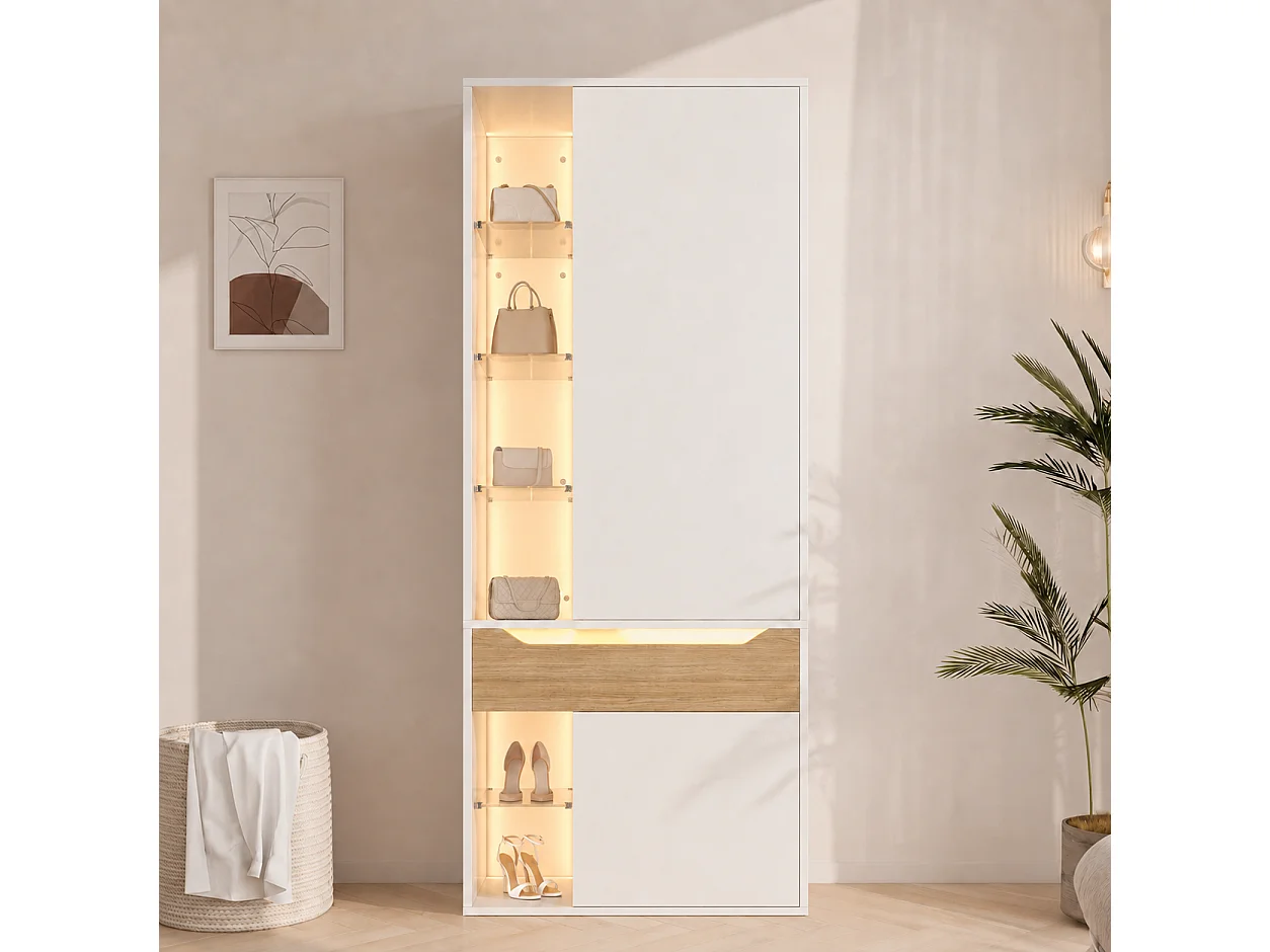 Kleiderschrank mit 2 Türen, LED-Beleuchtung, 1 Kleiderstange, 1 Schublade und 6 offenen Regalfächern – MDF – 75 x 50 x 200 cm – weiß