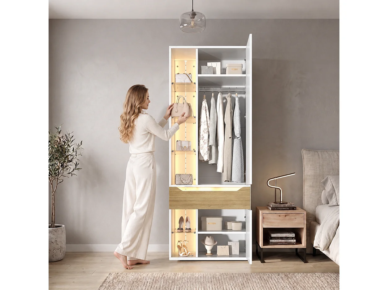 Kleiderschrank mit 2 Türen, LED-Beleuchtung, 1 Kleiderstange, 1 Schublade und 6 offenen Regalfächern – MDF – 75 x 50 x 200 cm – weiß