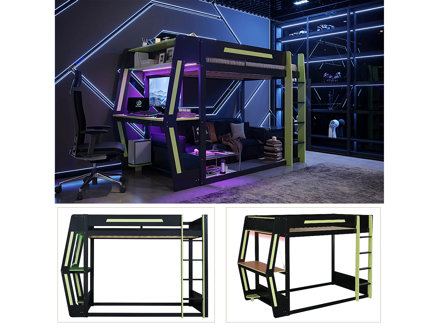 Cama alta 120 x 200 cm com escrivaninha, suporte para computador e iluminação LED - Pinheiro, madeira compensada e MDF - Preto e verde (colchão não incluído)