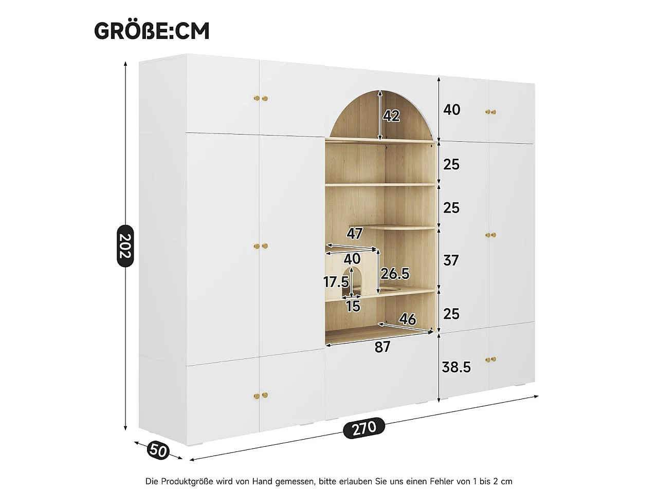 Kleiderschrank mit 13 Türen, Kleiderstange, Katzenkletterwand und Kissen – Spanplatte – 270 x 50 x 200 cm – weiß und Holzoptik