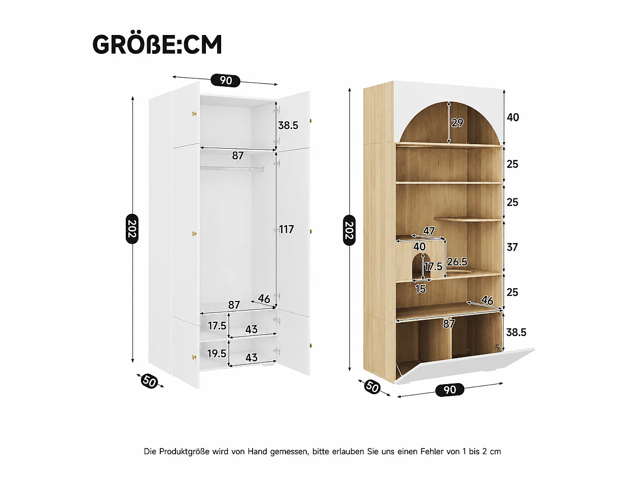 Kleiderschrank mit 13 Türen, Kleiderstange, Katzenkletterwand und Kissen – Spanplatte – 270 x 50 x 200 cm – weiß und Holzoptik
