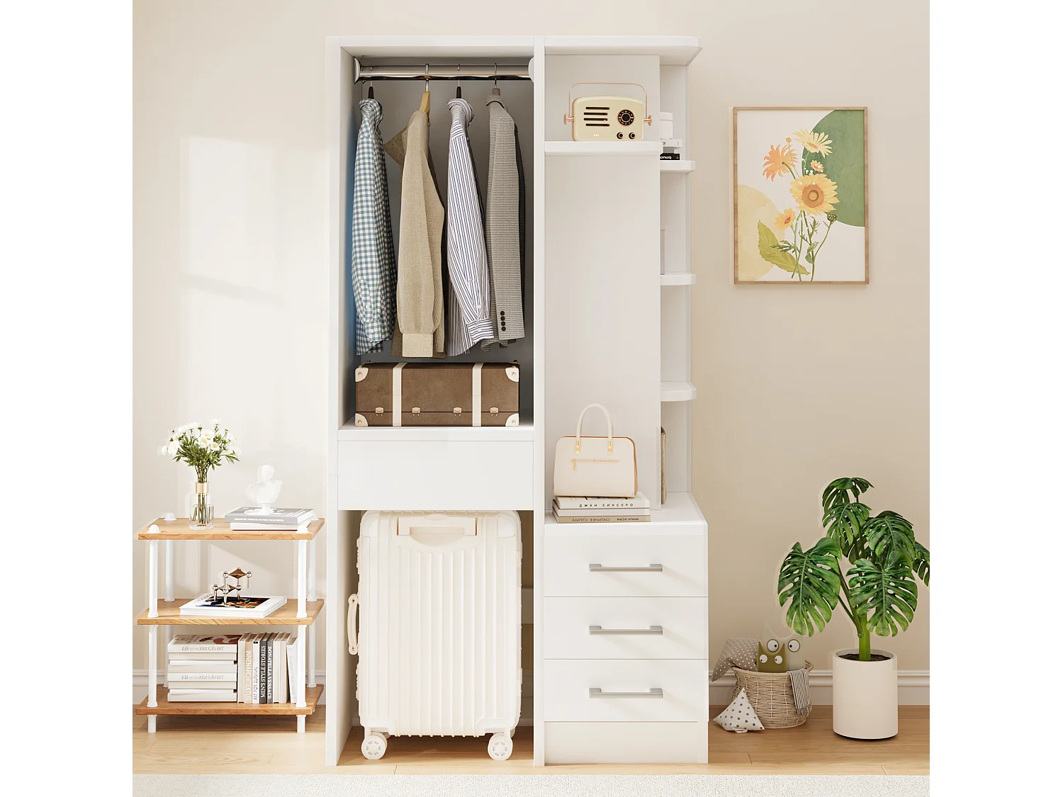 Kleiderschrank mit Kleiderstange, 4 Schubladen und offenen Regalfächern – Holz, Metall, Sperrholz und MDF – 70 x 45 x 135 cm – Weiß