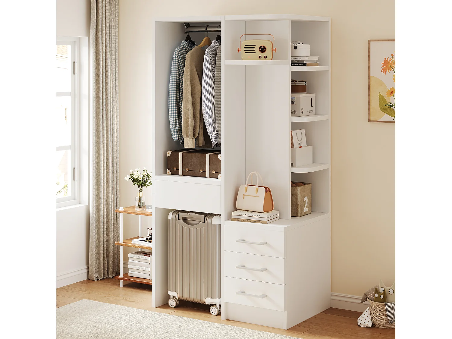 Kleiderschrank mit Kleiderstange, 4 Schubladen und offenen Regalfächern – Holz, Metall, Sperrholz und MDF – 70 x 45 x 135 cm – Weiß
