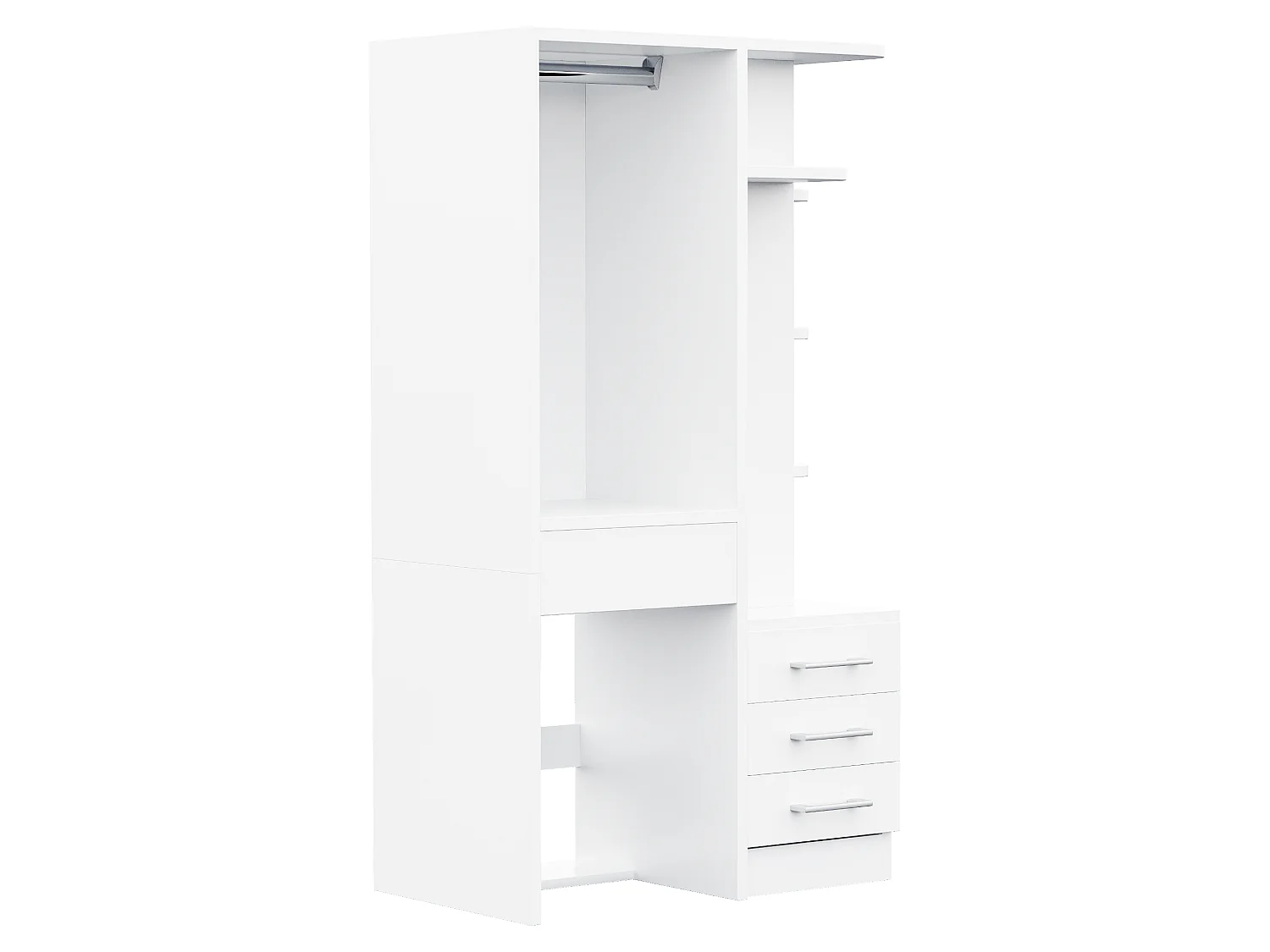 Kleiderschrank mit Kleiderstange, 4 Schubladen und offenen Regalfächern – Holz, Metall, Sperrholz und MDF – 70 x 45 x 135 cm – Weiß