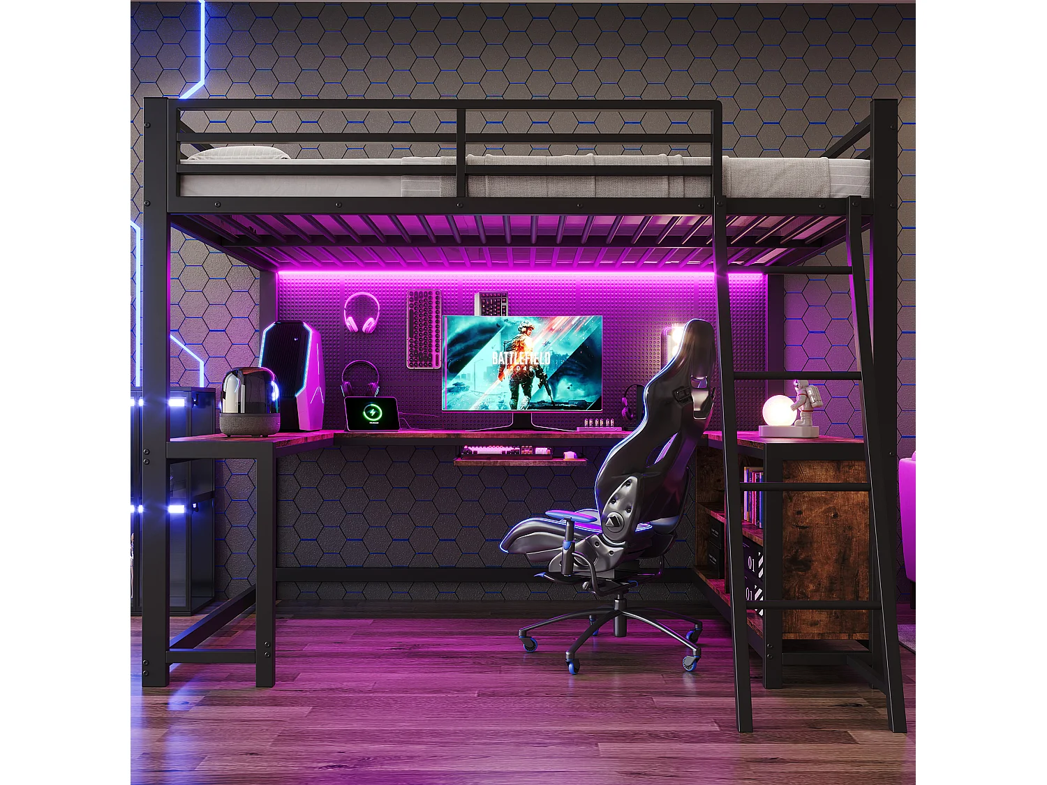 Lit mezzanine 120 x 200 cm avec bureau sur 3 côtés, rangements, LED et prise UE - Métal et MDF - Noir effet bois (sans matelas)