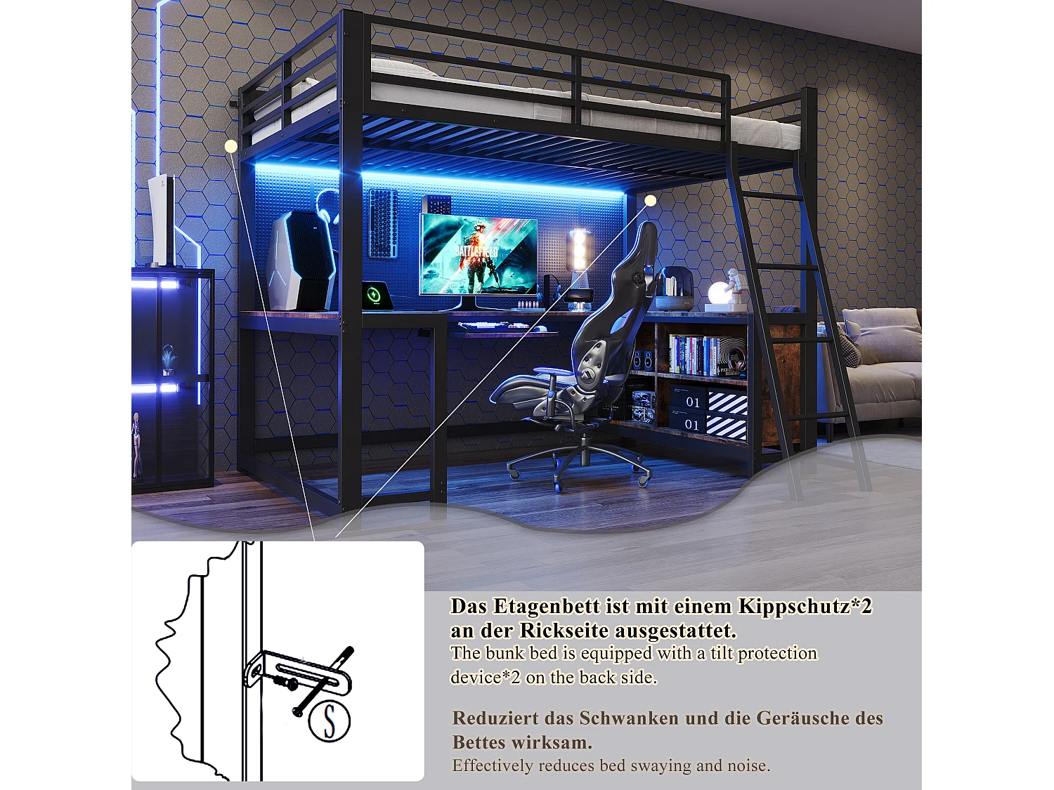 Lit mezzanine 120 x 200 cm avec bureau sur 3 côtés, rangements, LED et prise UE - Métal et MDF - Noir effet bois (sans matelas)