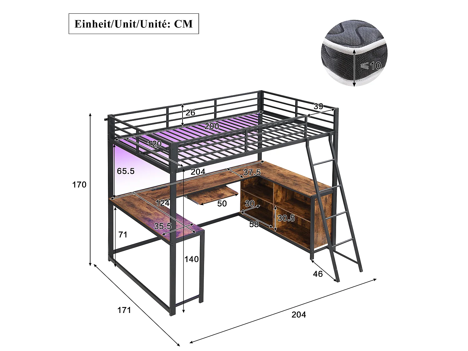 Lit mezzanine 120 x 200 cm avec bureau sur 3 côtés, rangements, LED et prise UE - Métal et MDF - Noir effet bois (sans matelas)