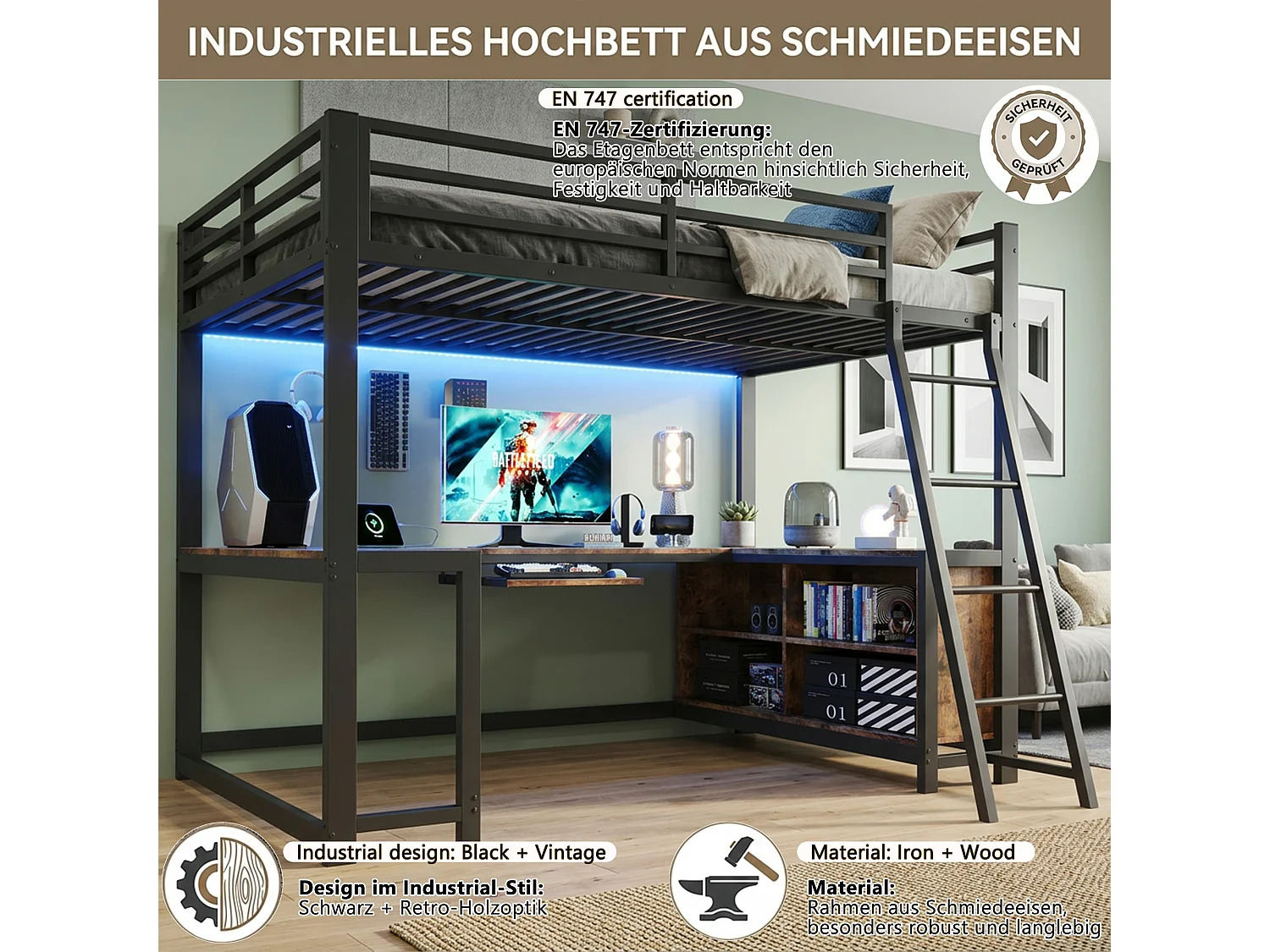 Lit mezzanine 120 x 200 cm avec bureau sur 3 côtés, rangements, LED et prise UE - Métal et MDF - Noir effet bois (sans matelas)