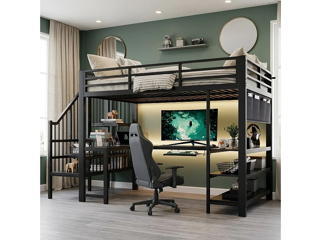 Lit mezzanine 120 x 200 cm avec bureau en U, escalier, LED et prise UE - Métal et MDF - Noir (sans matelas)