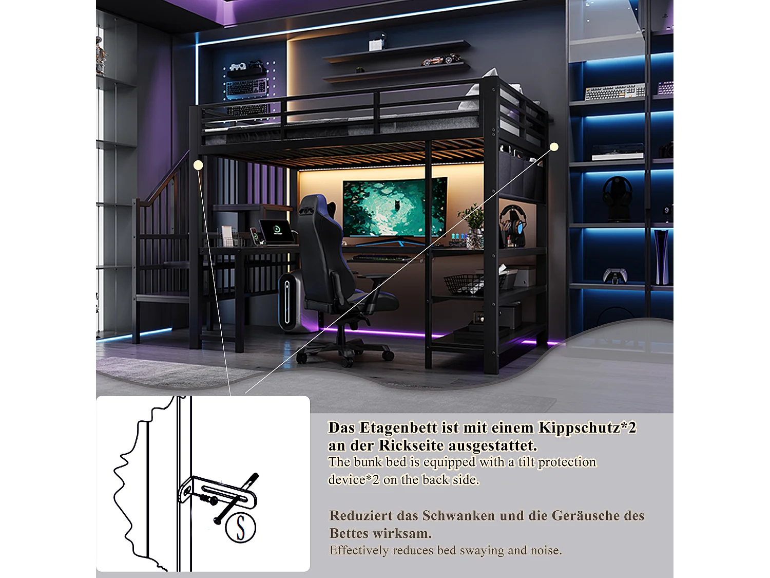Lit mezzanine 120 x 200 cm avec bureau en U, escalier, LED et prise UE - Métal et MDF - Noir (sans matelas)