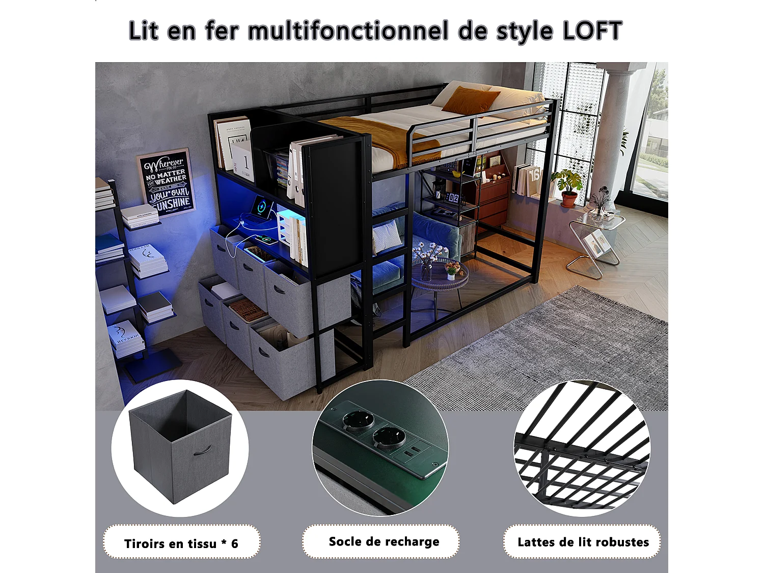 Lit mezzanine 120 x 200 cm avec échelle, 6 tiroirs en tissu, LED et ports USB - Métal - Noir (sans matelas)