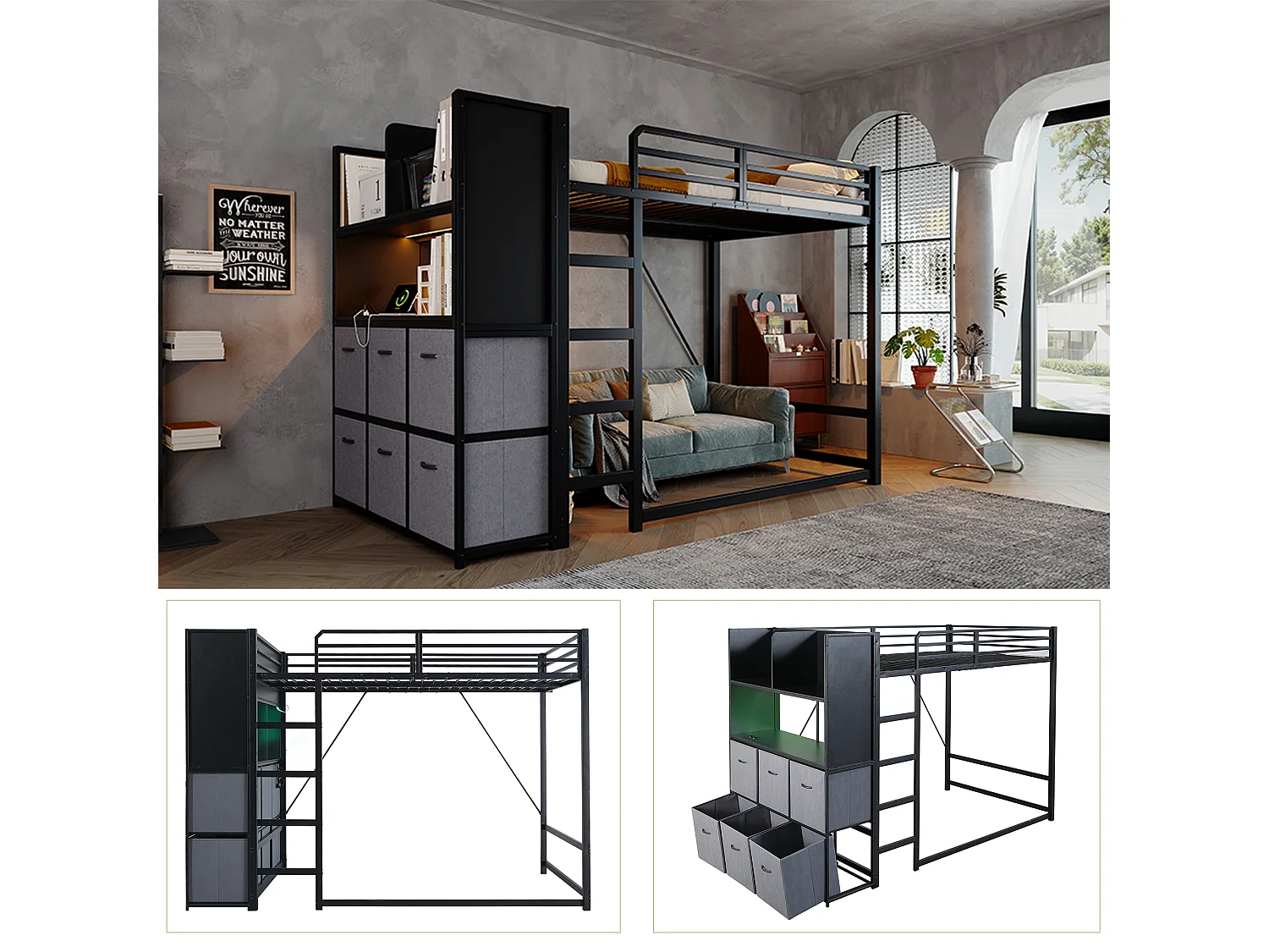 Lit mezzanine 120 x 200 cm avec échelle, 6 tiroirs en tissu, LED et ports USB - Métal - Noir (sans matelas)