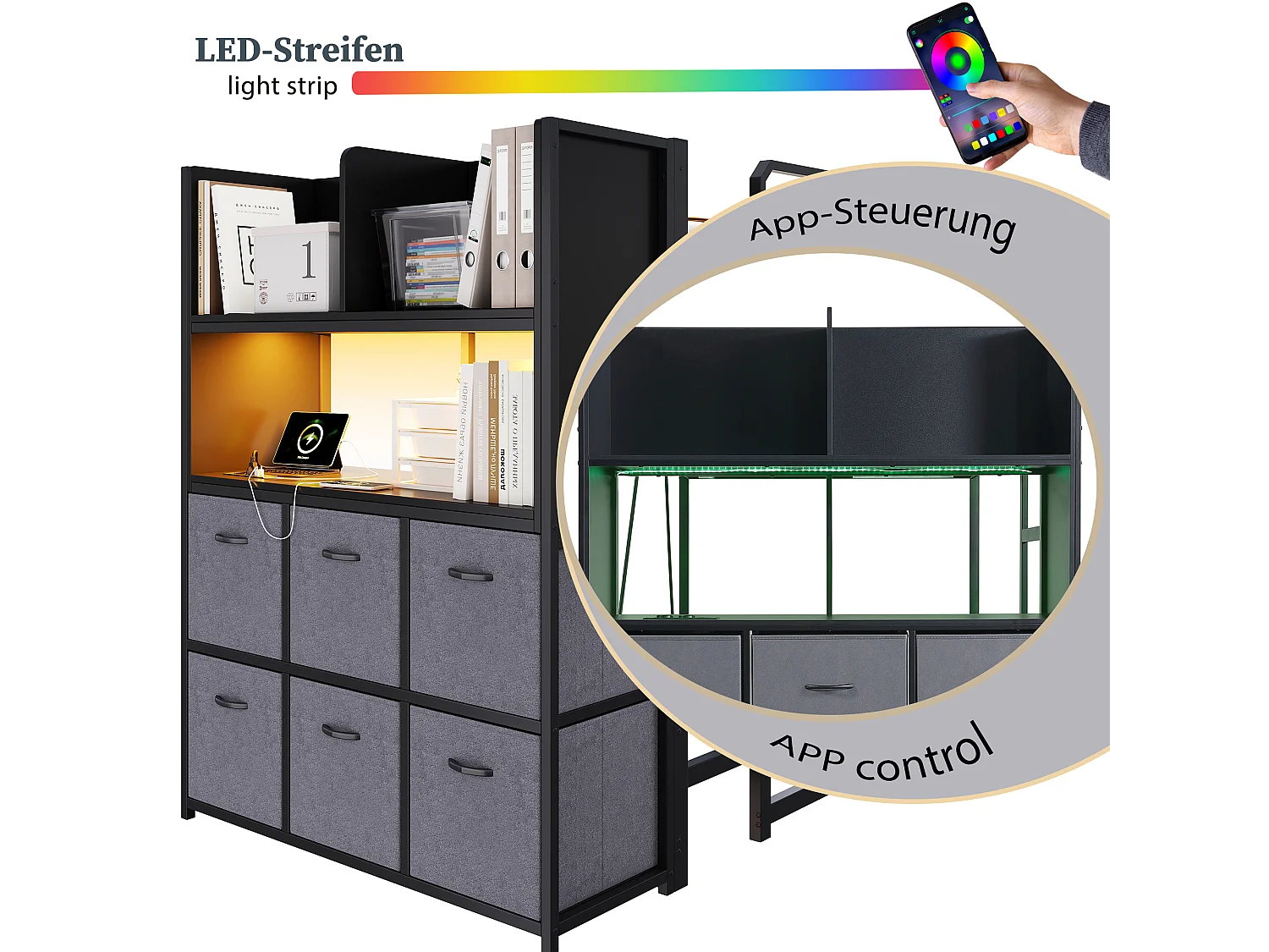 Lit mezzanine 120 x 200 cm avec échelle, 6 tiroirs en tissu, LED et ports USB - Métal - Noir (sans matelas)