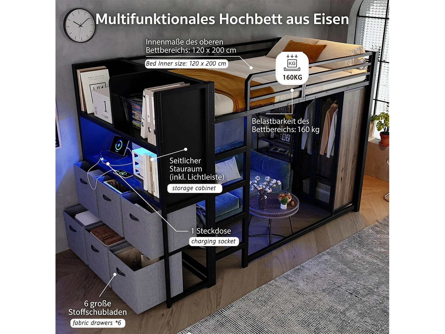 Lit mezzanine 120 x 200 cm avec échelle, 6 tiroirs en tissu, LED et ports USB - Métal - Noir (sans matelas)